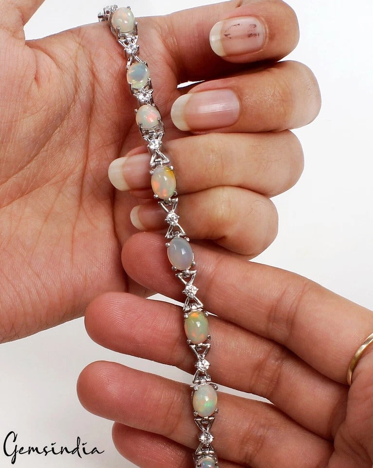 14.40 gm Natural Fire Opal Tennis Bracelet 925 Sterling Silver Jewelry 7.3"