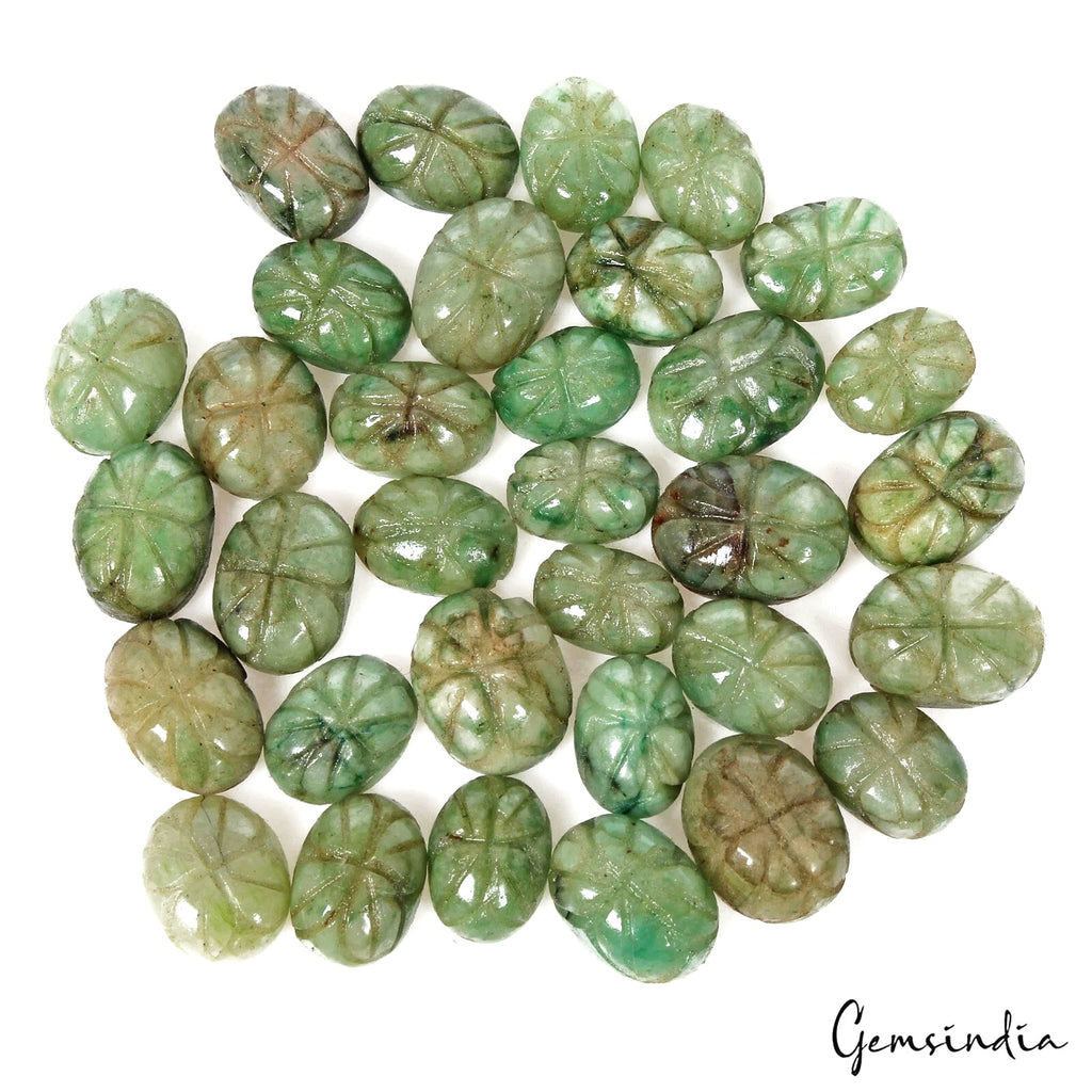 330 Ct/33Pcs Natural Carving Green Emerald Oval, Ring Size Loose Gemstones Lot