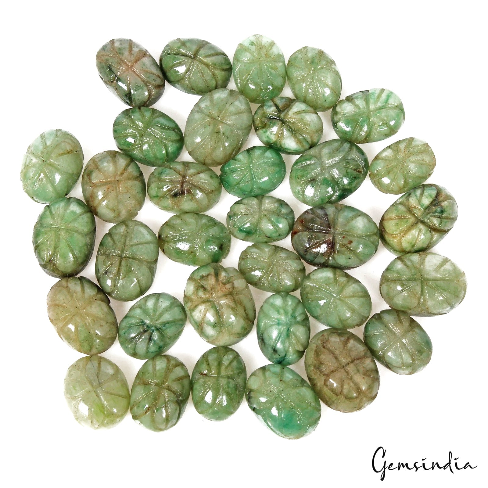 330 Ct/33Pcs Natural Carving Green Emerald Oval, Ring Size Loose Gemstones Lot