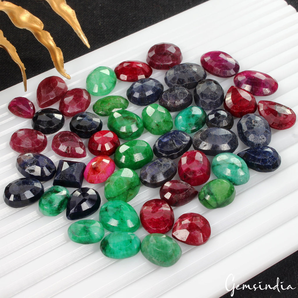 500 Ct Natural Ruby Emerald Sapphire Mix Faceted Wholesale Gemstone Lot 47 Pcs