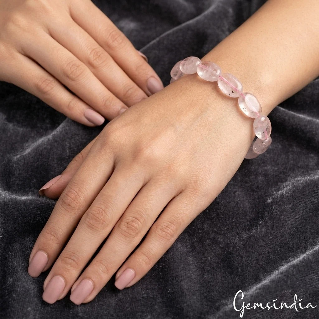Rose Quartz Bracelet, Untreated, Pink — 6.5 inch, 58.40 Ct