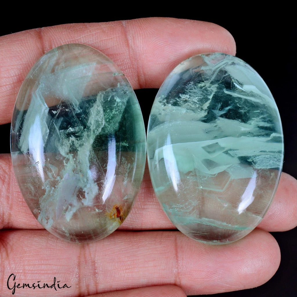 380 Natural Green Untreated Fluorite Oval Cab Loose Gems Lot 2 Pcs For Jewelry