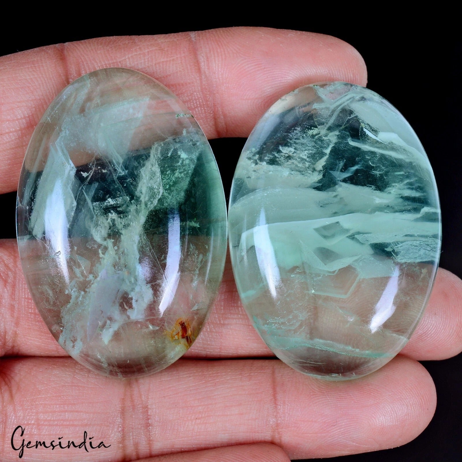 380 Natural Green Untreated Fluorite Oval Cab Loose Gems Lot 2 Pcs For Jewelry
