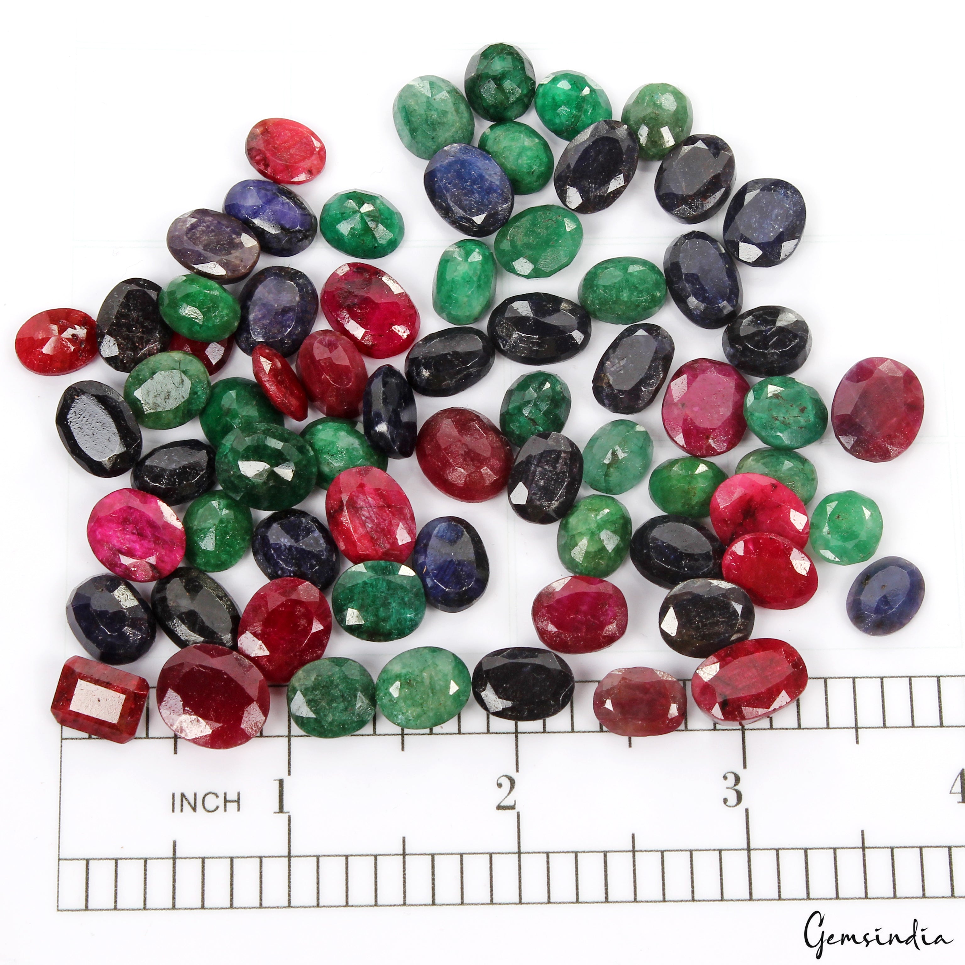 300 Cts/69 Pcs Natural Red Ruby Green Emerald Blue Sapphire Oval Cut Loose Gems