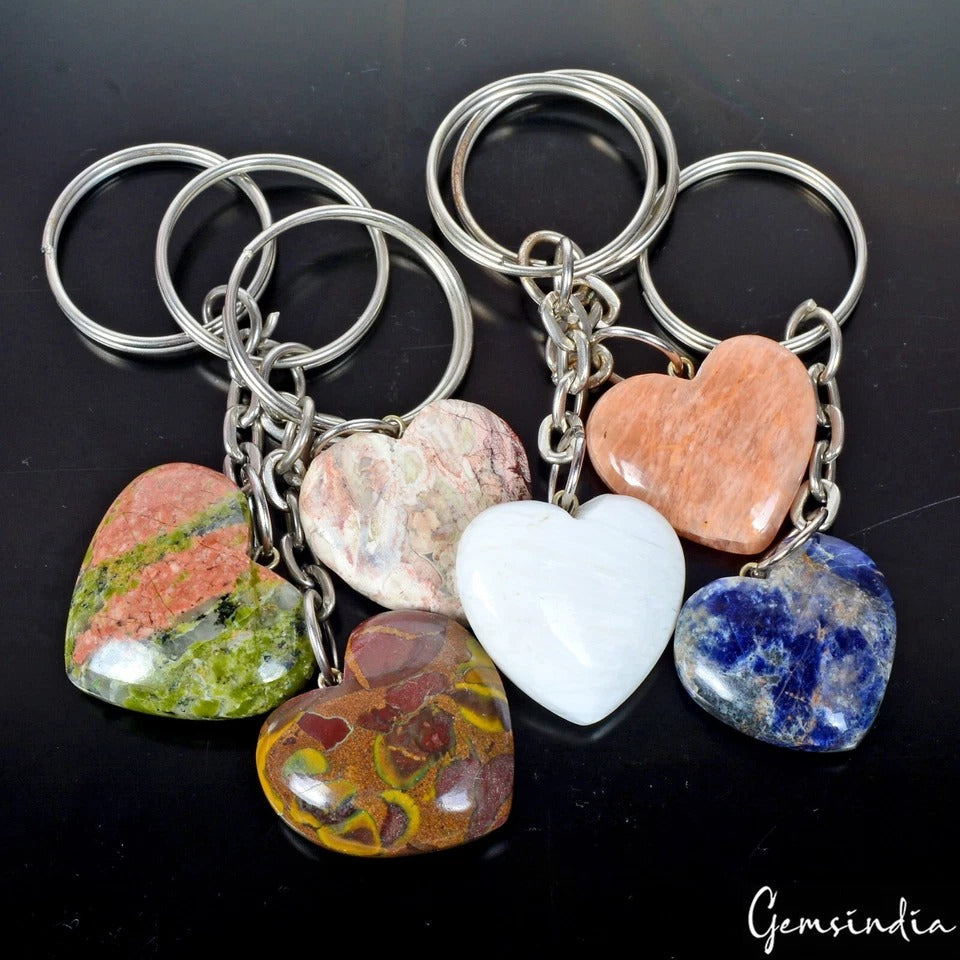 6 Pcs Beautiful Natural Multi Color Gemstones Heart Shape Key Chains for Gift