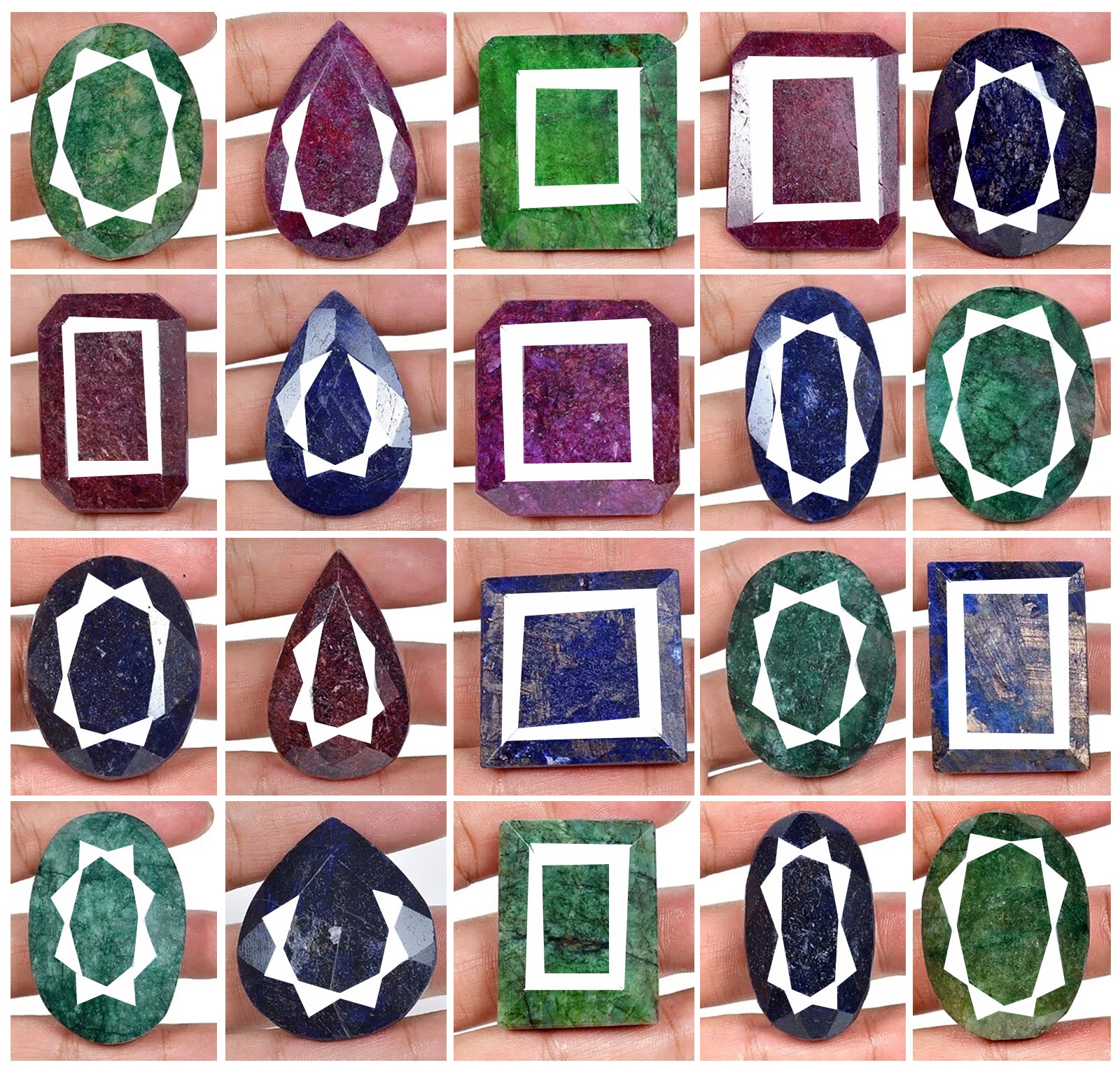 Natural 5000 Ct/20 Pcs Ruby Emerald & Sapphire Mix Shape Loose Gemstones 38-55mm