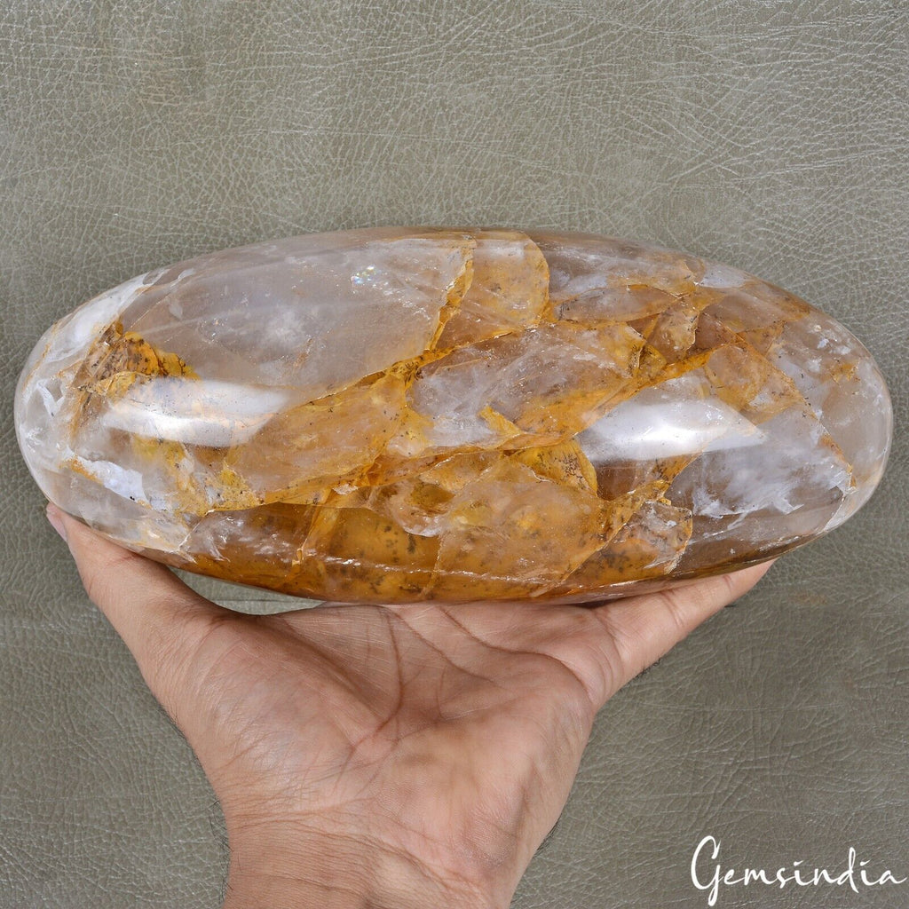 9.3" Golden White Quartz Healing Chakra Charged Metaphysical Oval Lingam 3.5 Kg