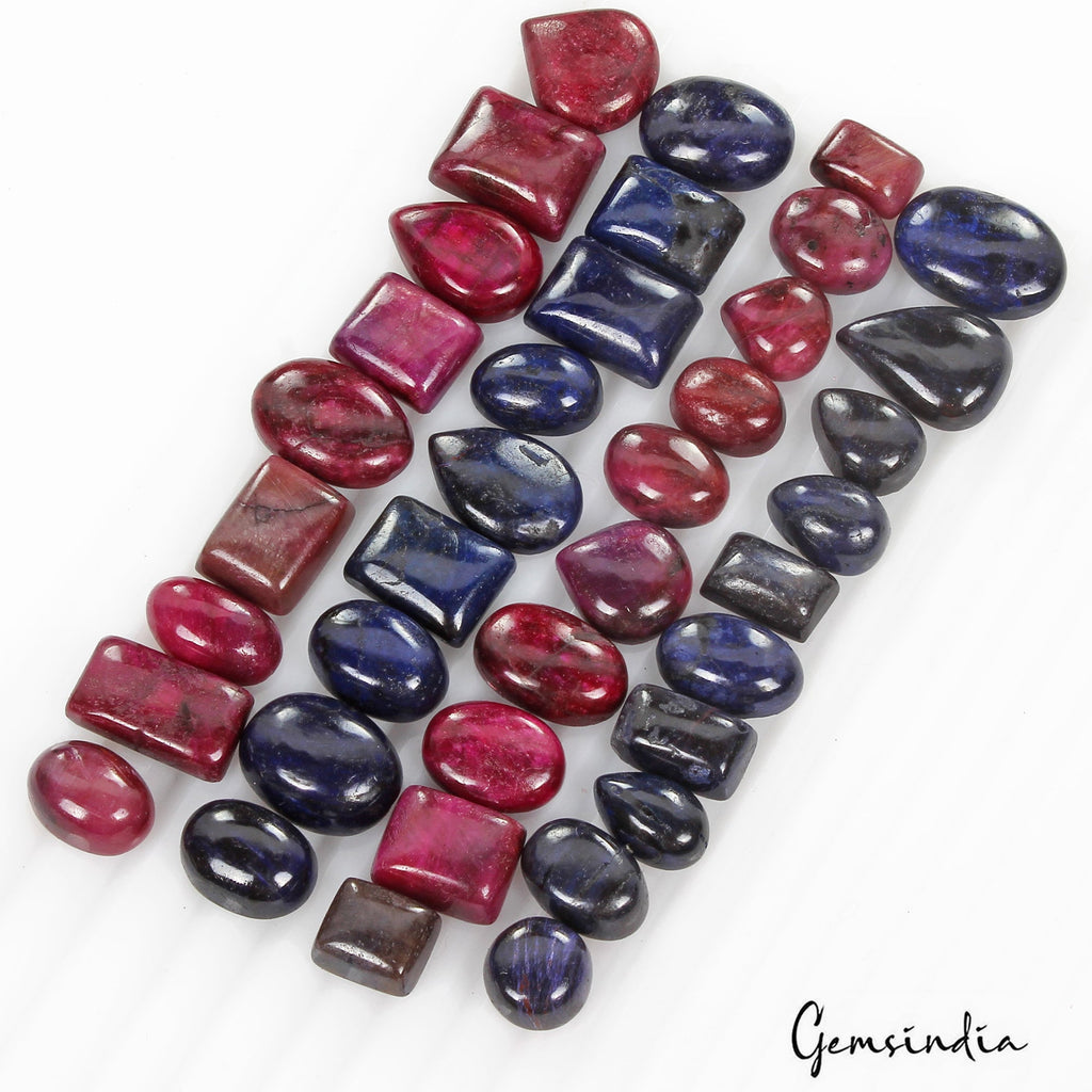600 Cts/38 Pcs Natural Red Ruby Blue Sapphire Mix Cab Loose Gems Lot For Jewelr