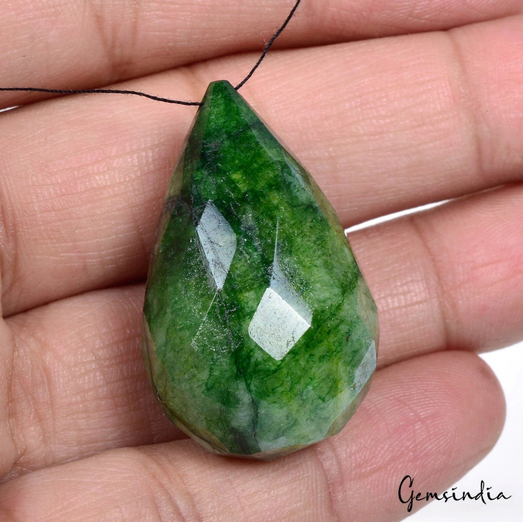 Certified 104 Ct Natural Green Emerald Pear Checker Cut Drill Briolette Bead Gem