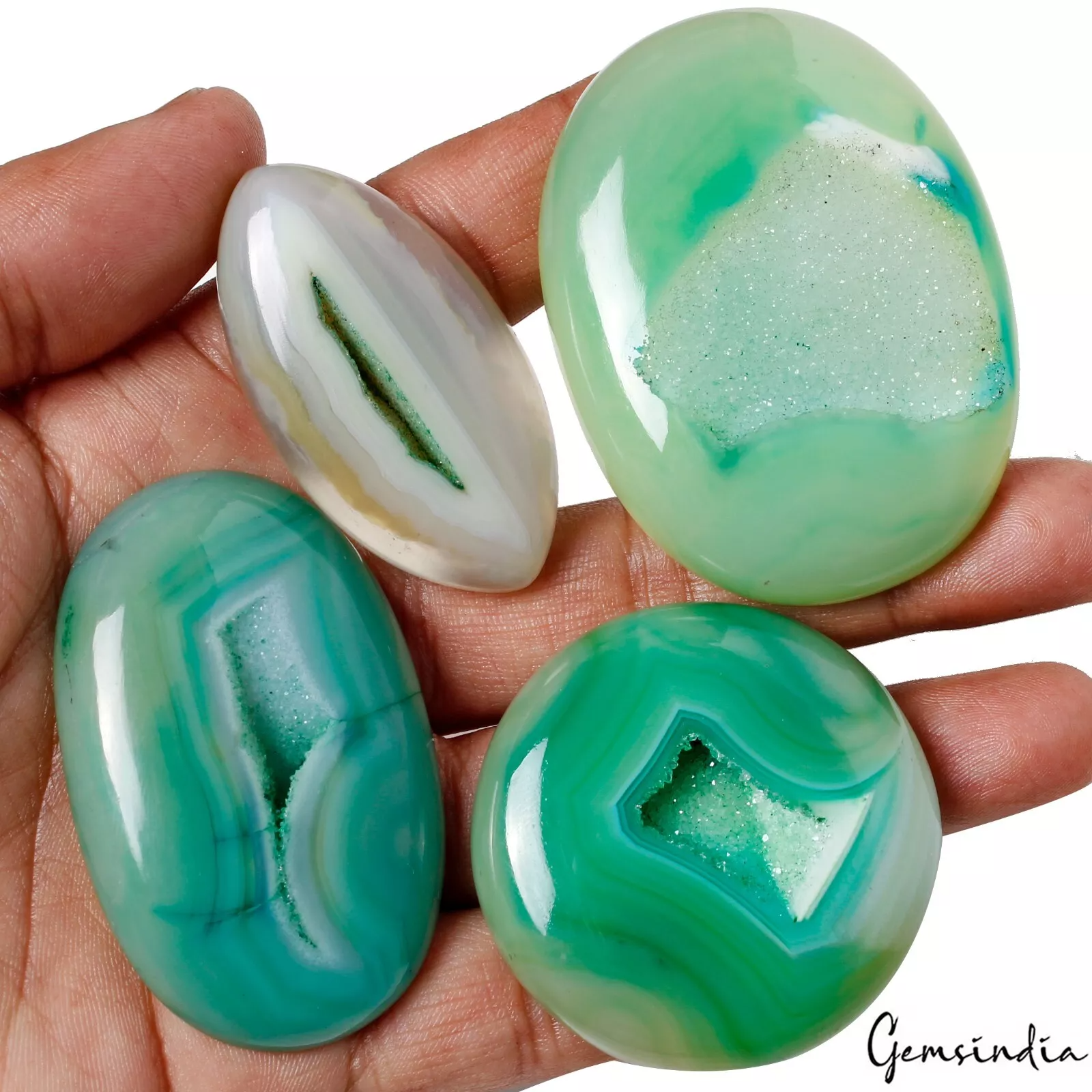750 Ct Natural Druzy Onyx Agate Green Color Mix Shape Loose Gemstones Lot~4 Pcs