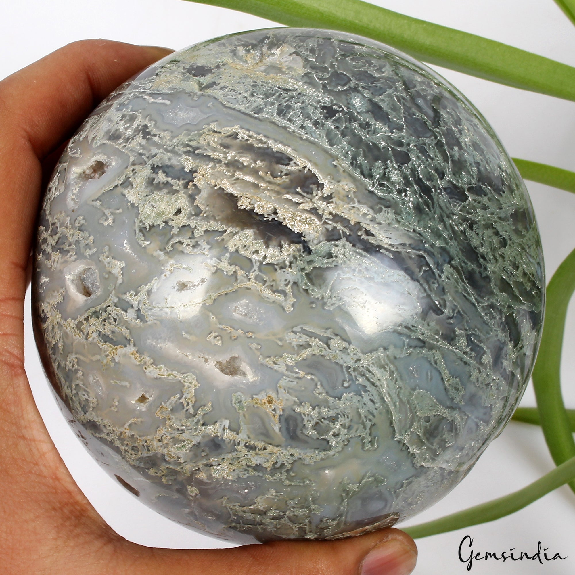 4 in Large Natural Moss Agate Geode Druzy Sphere Quartz Crystal Ball Healing
