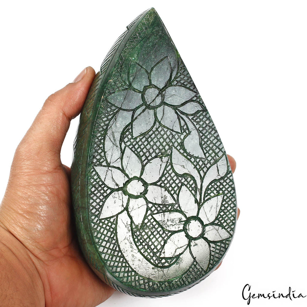 Certified 1.73Kg Natural Brazilian Green Dark Emerald Pear Carved Loose Huge Gem