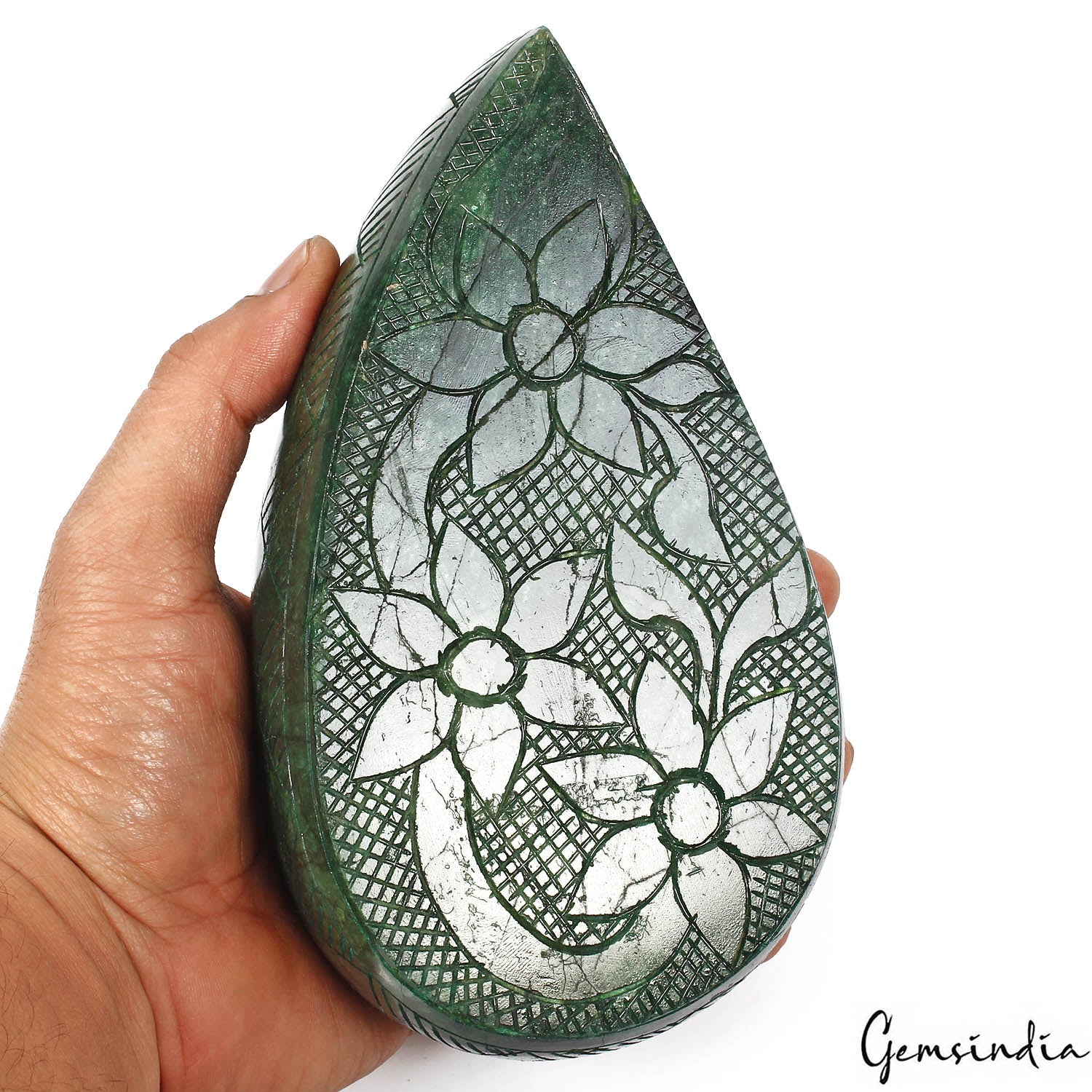 Certified 1.73Kg Natural Brazilian Green Dark Emerald Pear Carved Loose Huge Gem