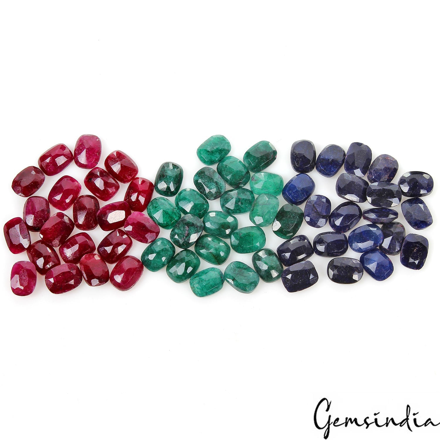 101.30 Ct Natural Ruby, Emerald, Sapphire 8x6mm Cushion Cut Certified Gems~ 60 P