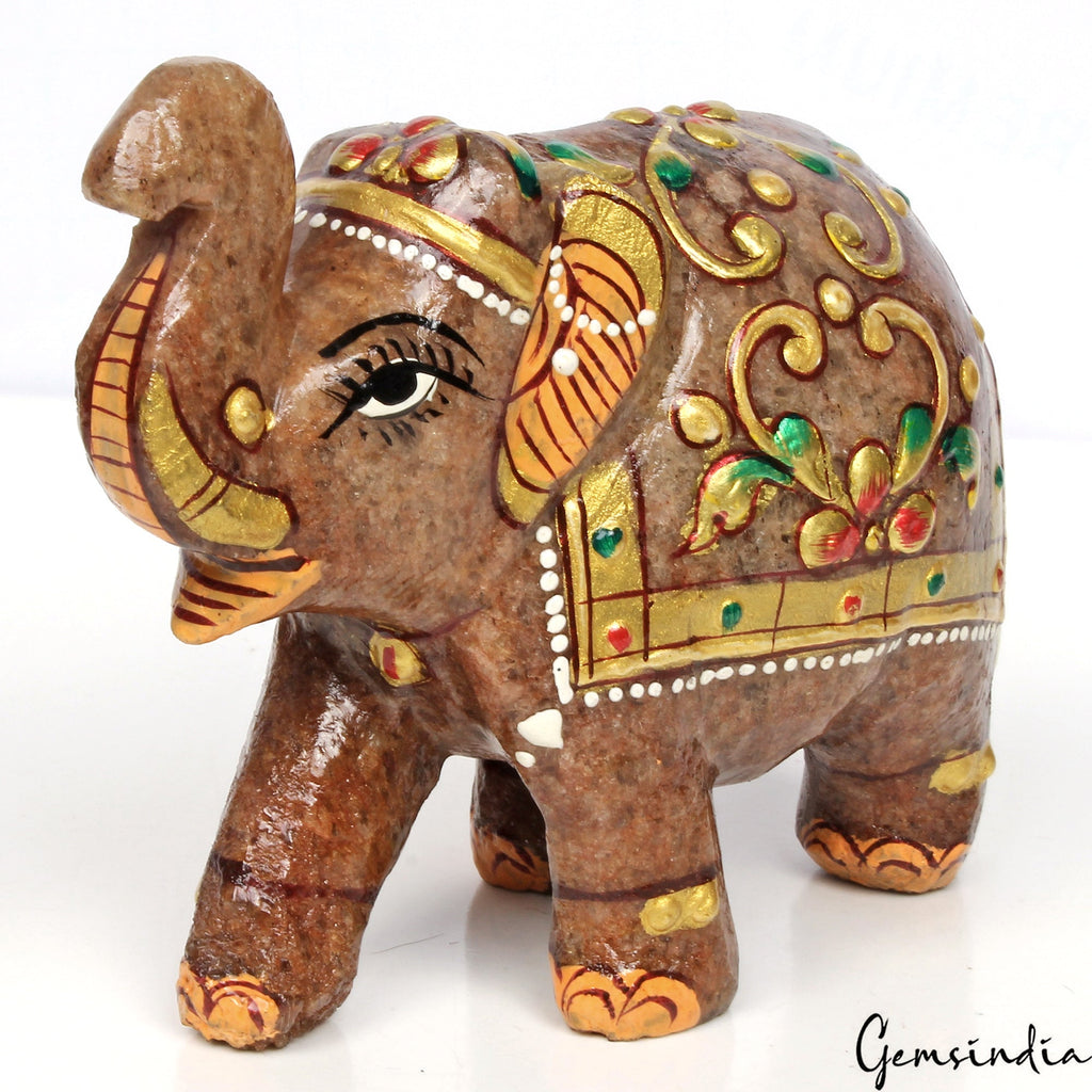 Hand Crafted 1520 Cts Natural Aventurine Trunk Up Elephant Sculpture/Home Decor