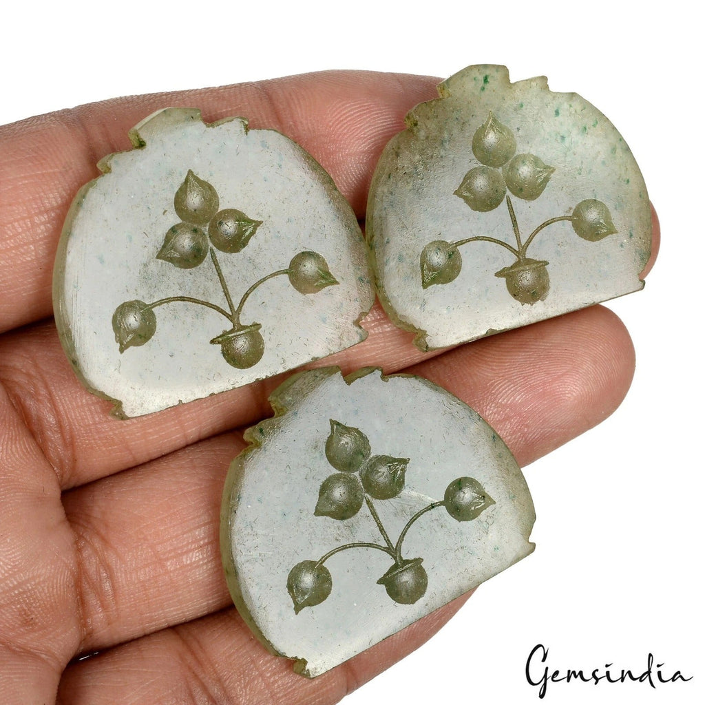 3 Pcs/33-35mm Natural Untreated Green Aventurine Fancy Carving Loose Gemstones