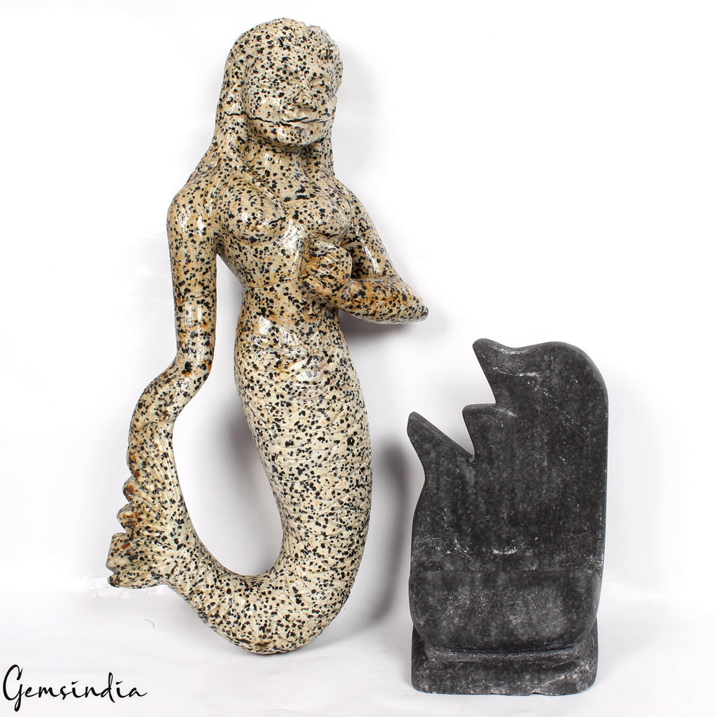 3.3 Kg Gorgeous Dalmation Jasper Mermaid Statue Handmade Figurine w Marble Stand