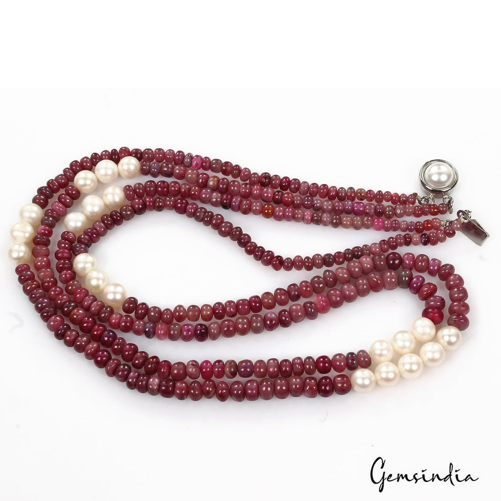 260.4 Ct Natural Red Ruby Freshwater Pearl Beaded Handmade Designer Necklace 20"