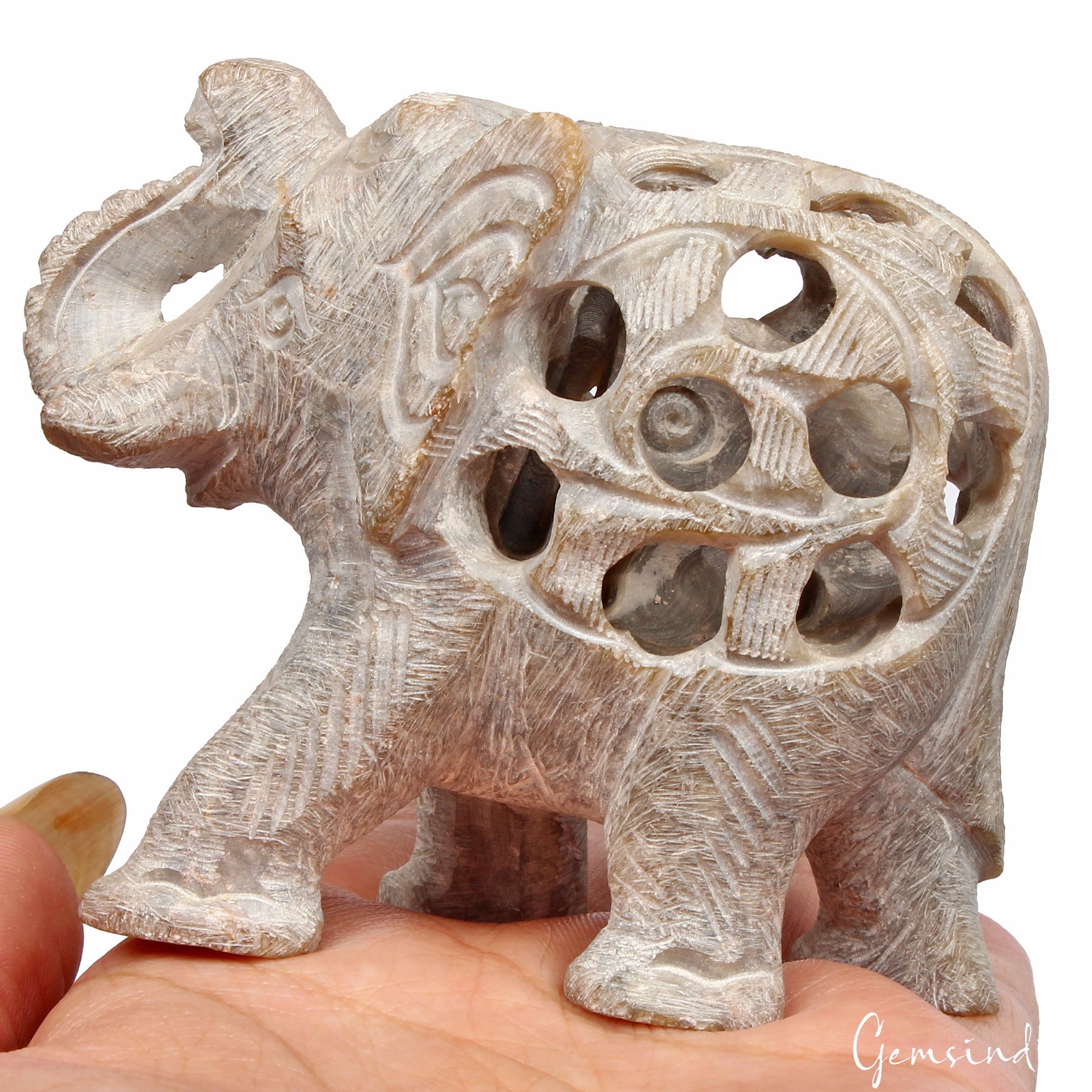 1000 Cts Soapstone Trunk Up Elephant Statue Animal~ Baby inside Tummy Sculpture