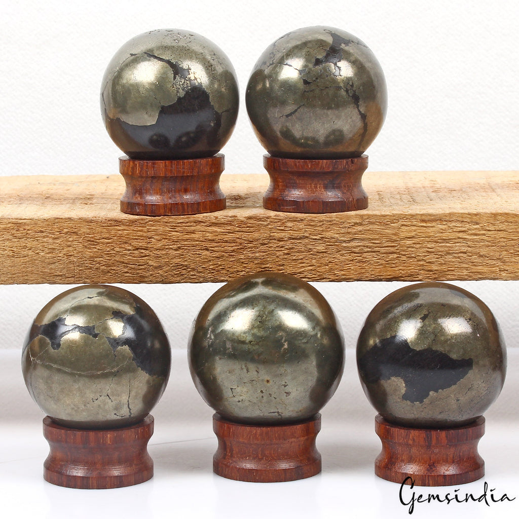 Lot of 5 Pyrite Spheres Crystal Ball w/ Stands - Natural Iron Fool's Gold Stone