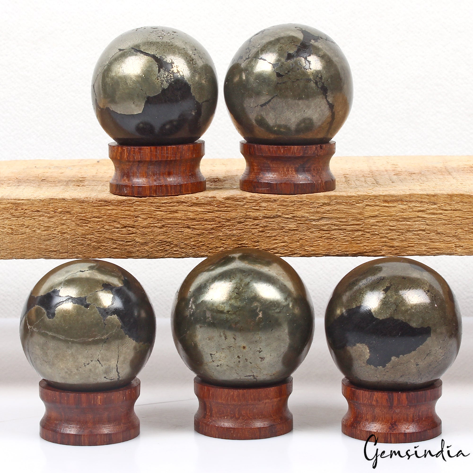 Lot of 5 Pyrite Spheres Crystal Ball w/ Stands - Natural Iron Fool's Gold Stone