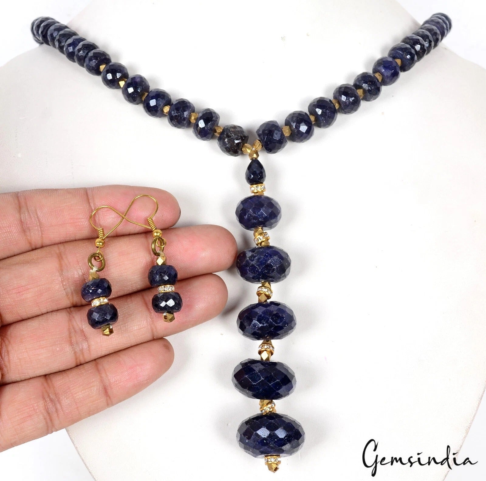 682 Ct Natural Dark Blue Sapphire Gems Round Faceted Beaded Handmade jewelry Set