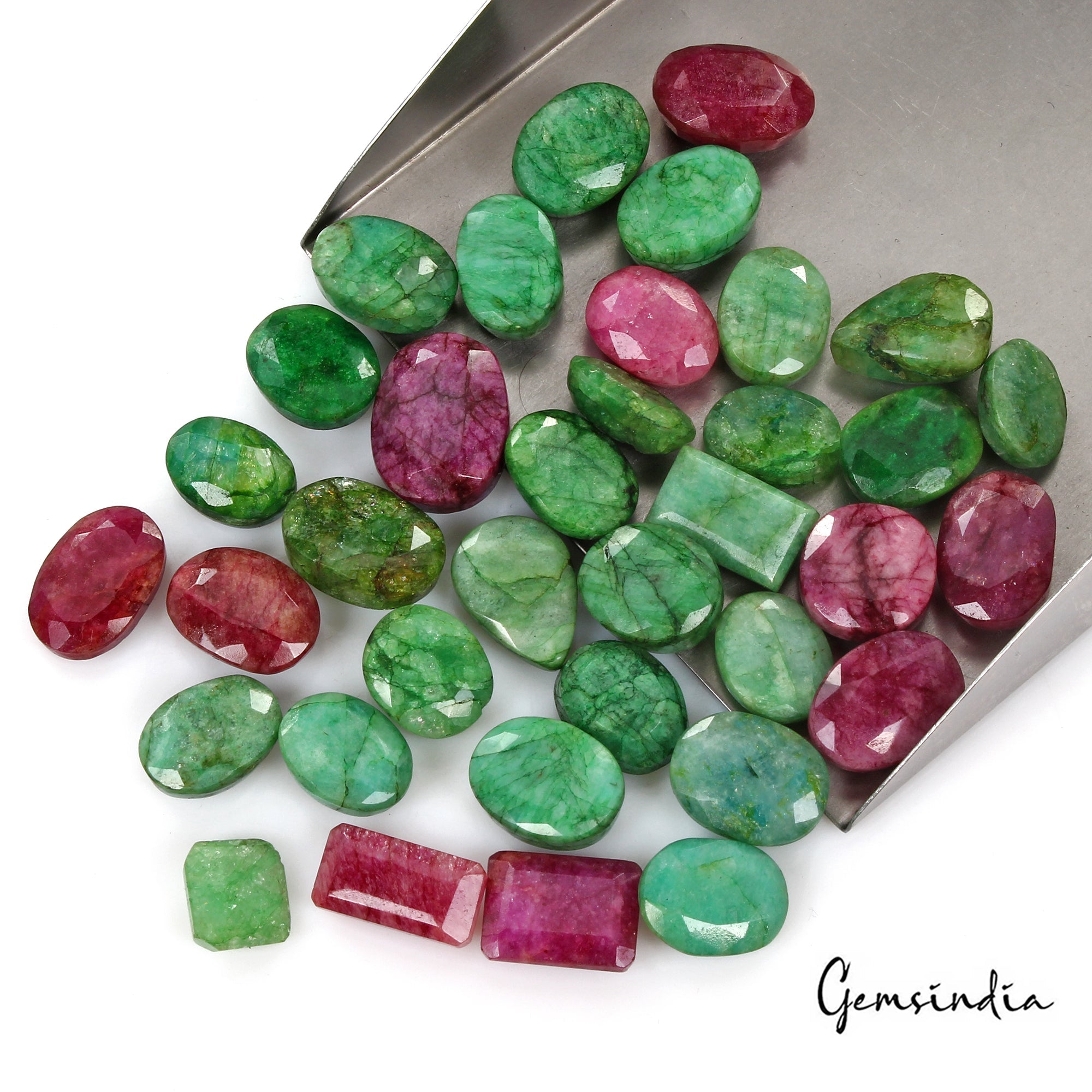 400 Cts/36 Pcs Natural Red Beryl Green Emerald Mixed Cut Loose Gems For Jewelry