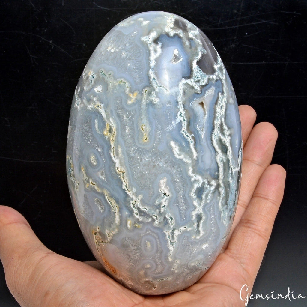 1.14 Kg/ 5.25 x 3.25 Inch Natural Dendrite Moss Agate Druzy Egg Mineral Gemstone