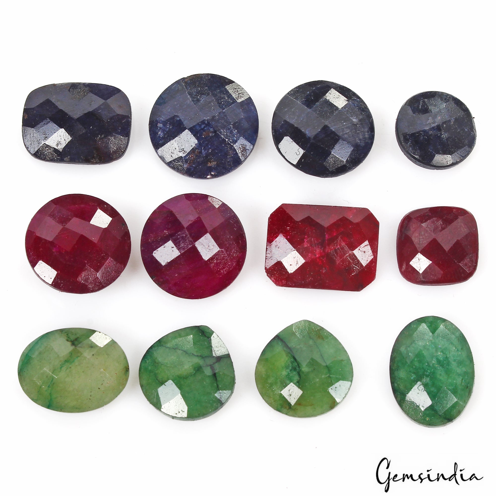 121.30 Cts/12 Pcs Natural Multi Color Ruby Emerald Sapphire Mix Checker Cut Gems