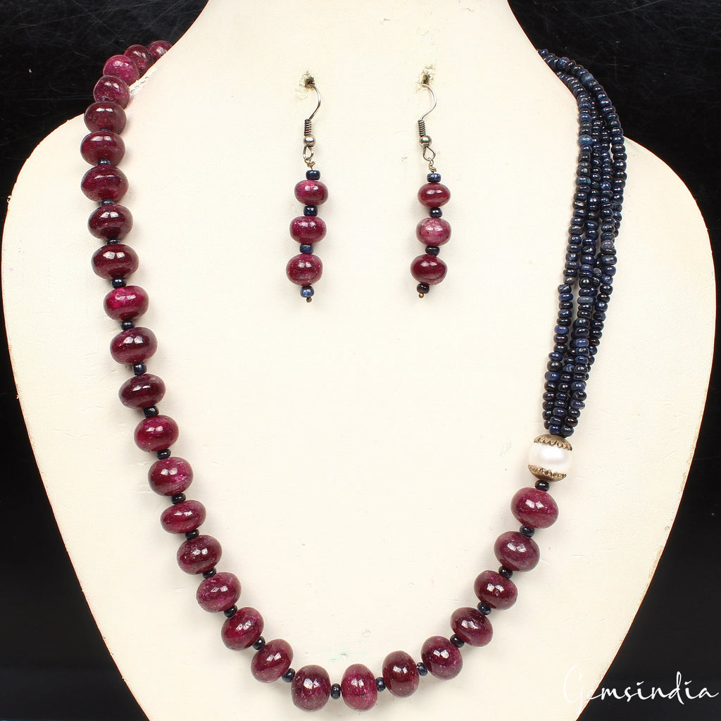 550 Cts Natural Red Ruby Blue Sapphire Round Bead Handmade Designer Jewelry Set