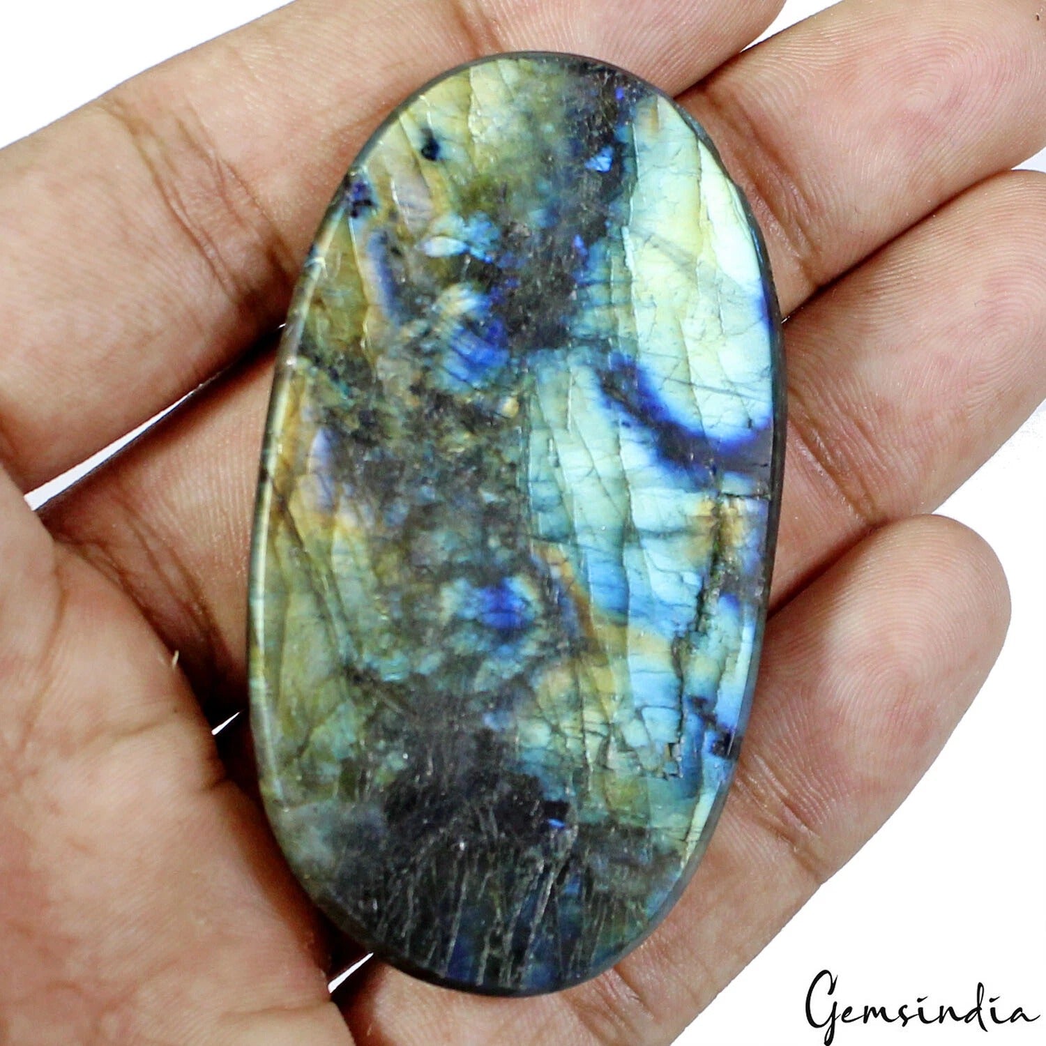 Labradorite Cabochon, Untreated, Blue — 67x37x9 mm, 209.00 Ct