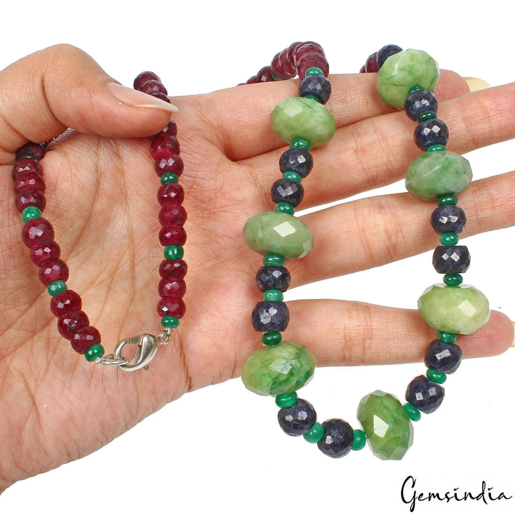 510 Cts Natural Sapphire Ruby Emerald Beaded Handmade Designer Necklace~ 26"