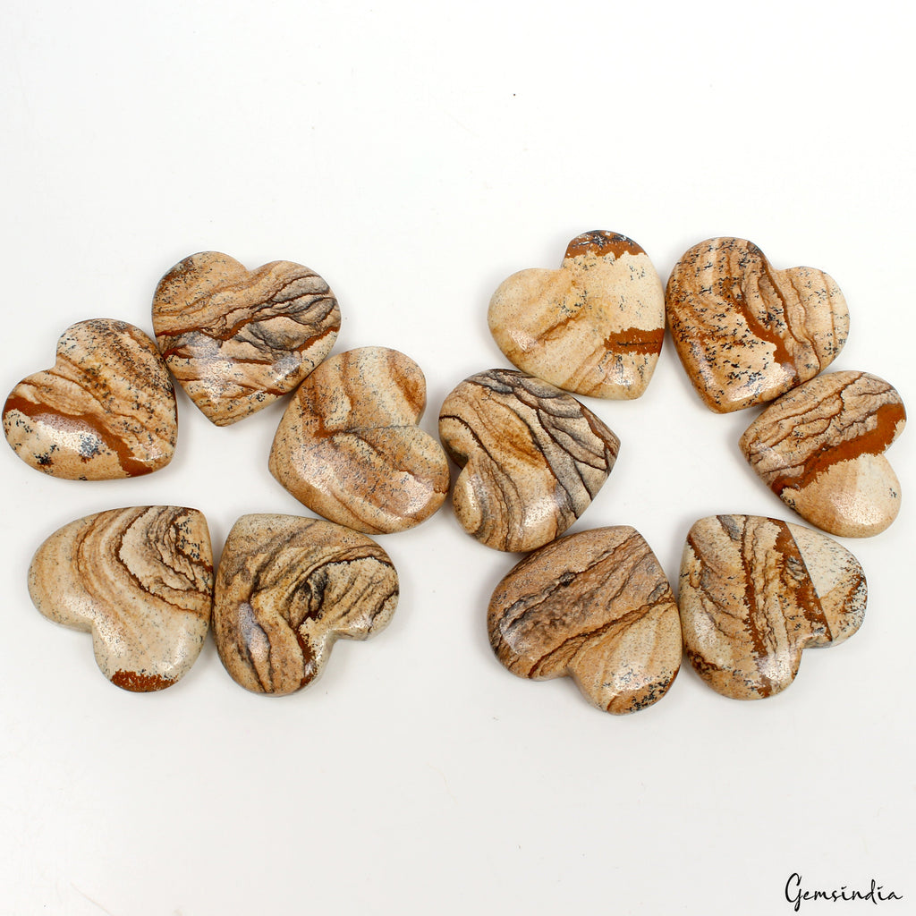 850 Ct/11 Pcs Natural Untreated Picture Jasper Heart Cab Loose Gems For Jewelry