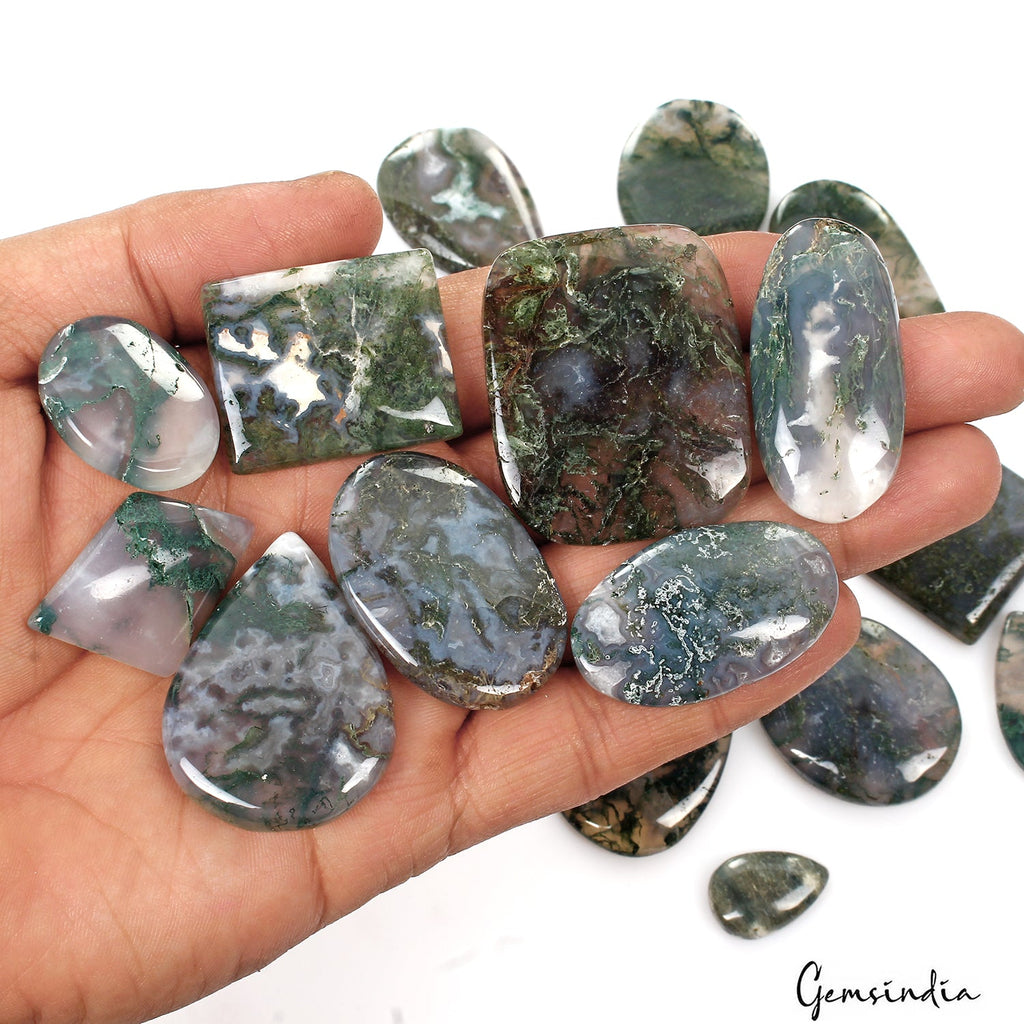 1000 Ct / 18 Pcs Natural Untreated White Green Moss Agate Mix Cab Wholesale Gems