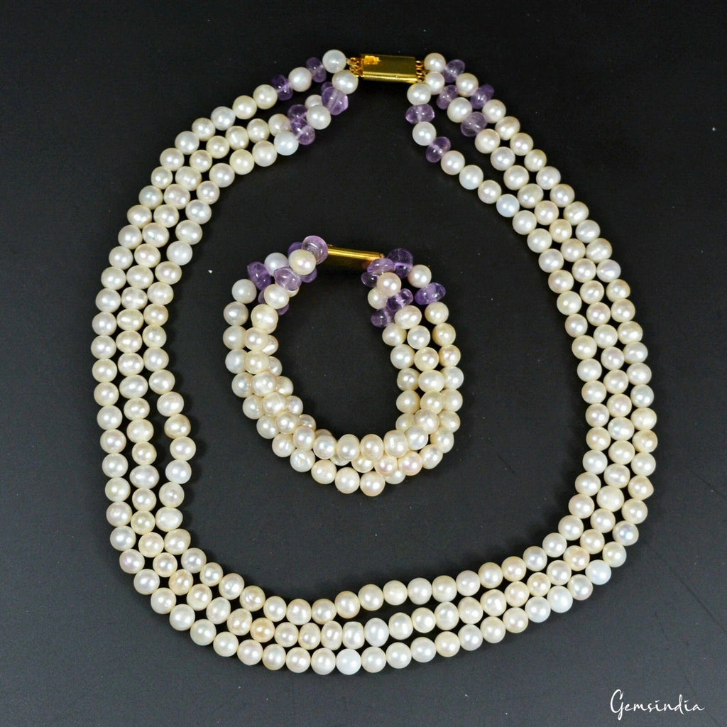 Genuine 680. 50Ct Freshwater Pearl & Amethyst 3 Strand Necklace Bracelet Jewelry
