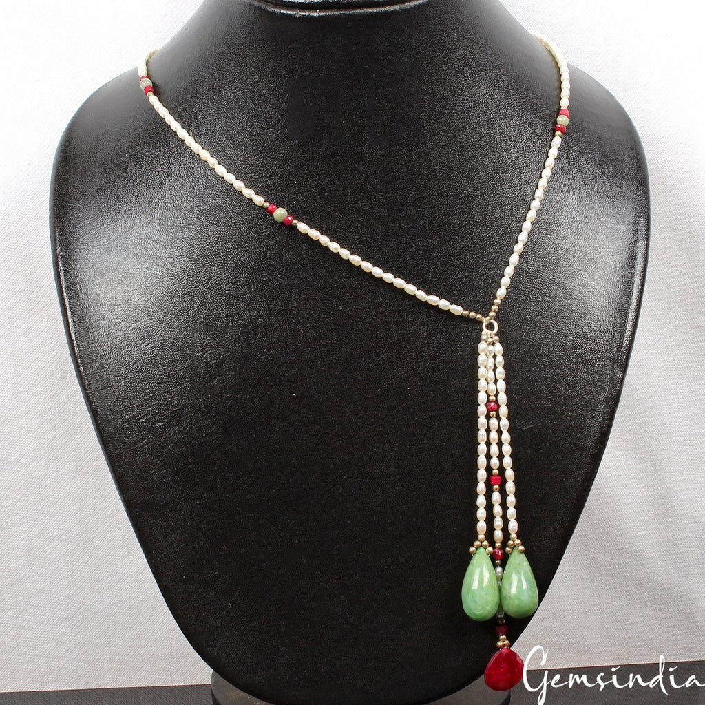 17" Long Designer Rice Pearl, Ruby & Emerald Cabochon Beads Handmade Necklace