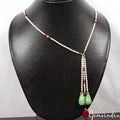 17" Long Designer Rice Pearl, Ruby & Emerald Cabochon Beads Handmade Necklace