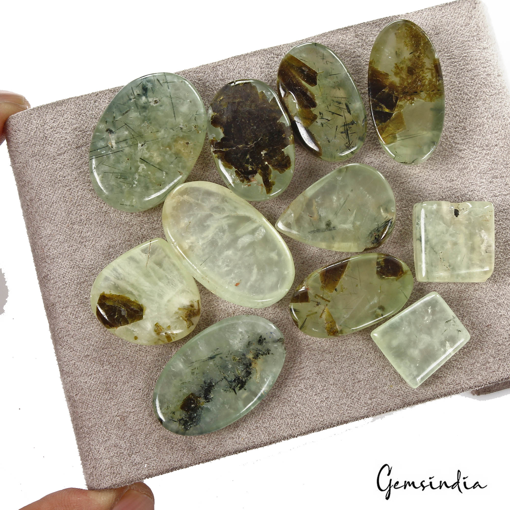 330 Ct/11 Pcs Natural Untreated Green w Black Needle Prehnite Mix Cab Loose Gems