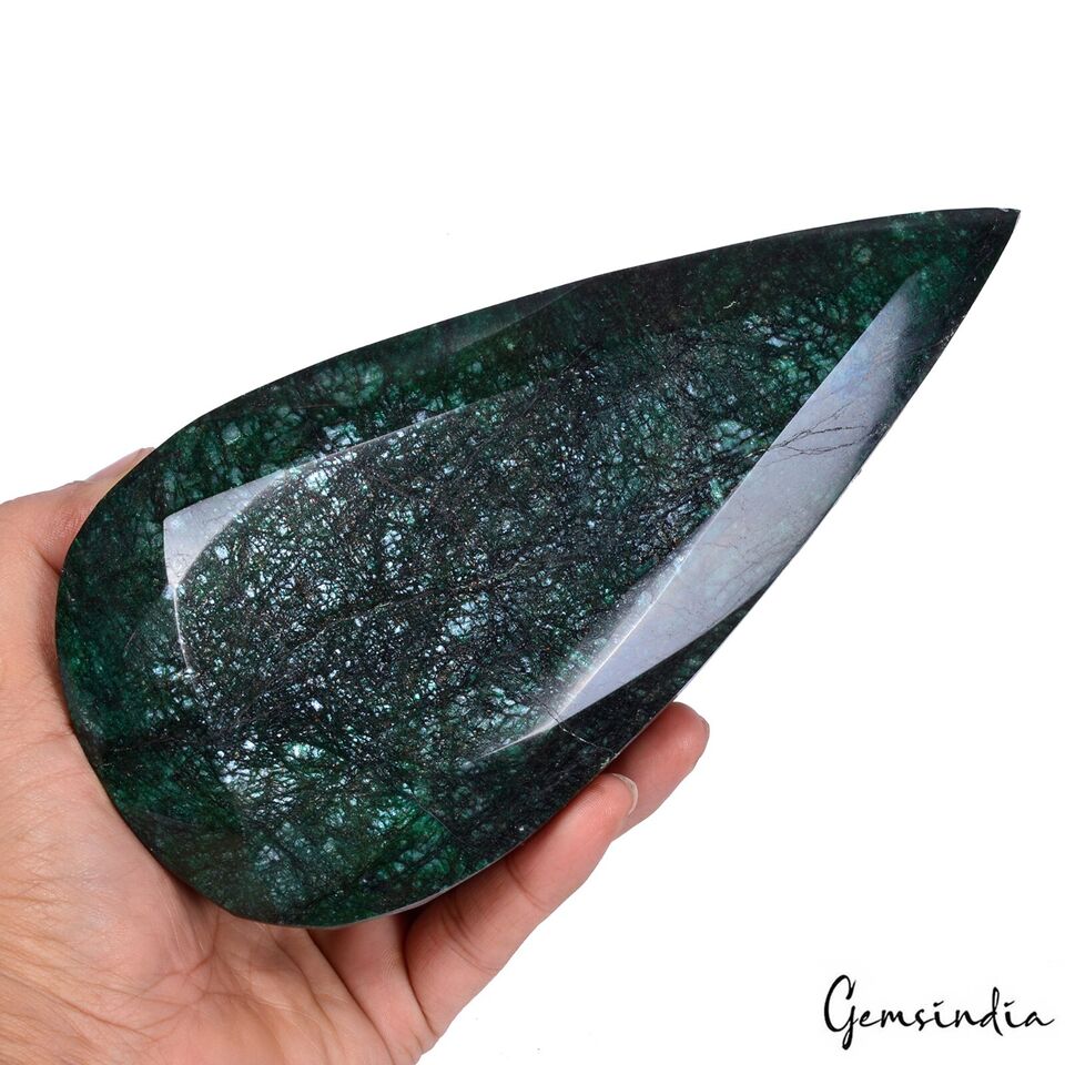 1.86 Kilo~Natural Green Emerald Pear Cut Silver Shine Collector's Grade Gemstone