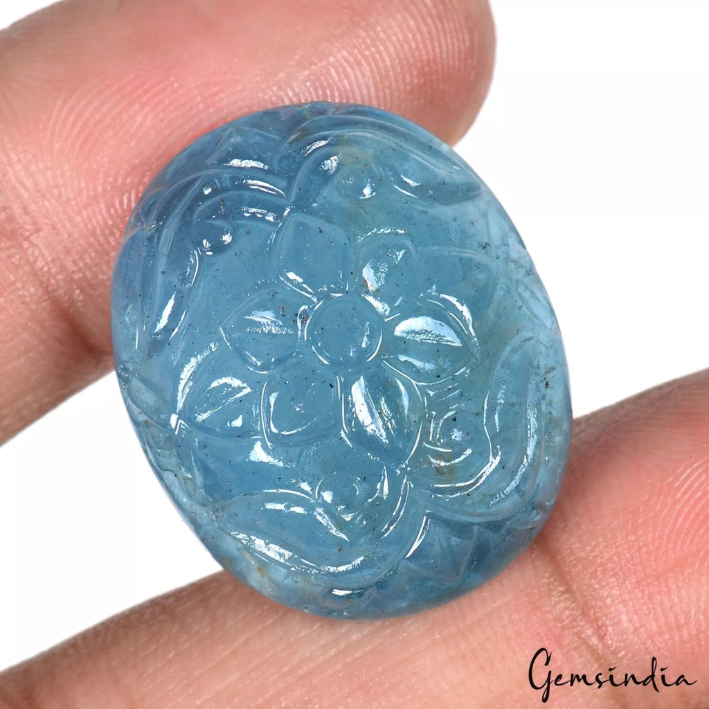 45.70 Cts Floral Carving Natural Blue Aquamarine Oval Shape AAA Grade Gemstone