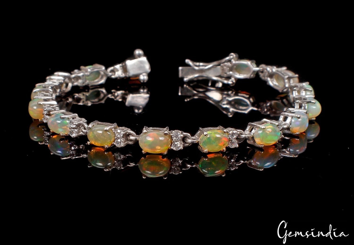 925 Sterling Silver Natural Oval Fire Opal Tennis Engagement Bracelet ~ 12.30 Gm
