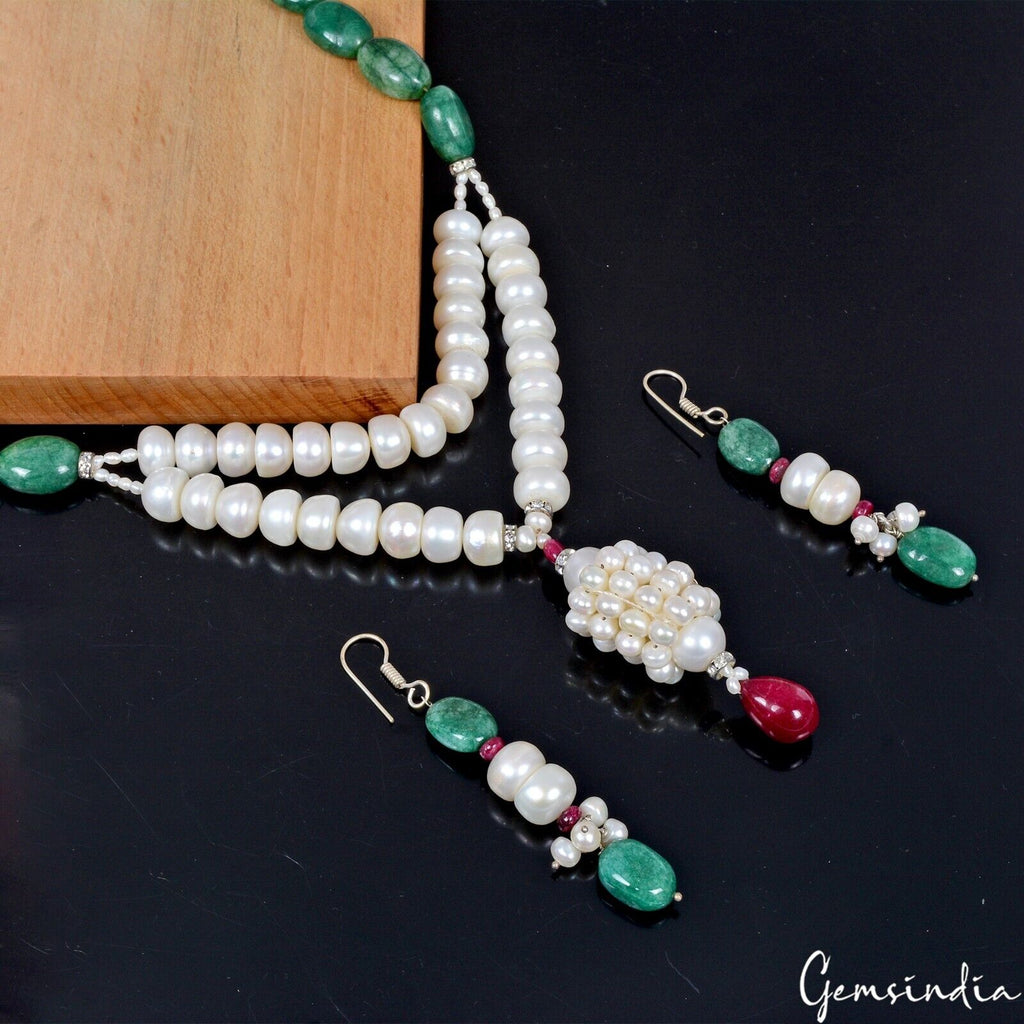590 Ct Natural Emerald Freshwater Pearl Beaded Designer Necklace Set For Women