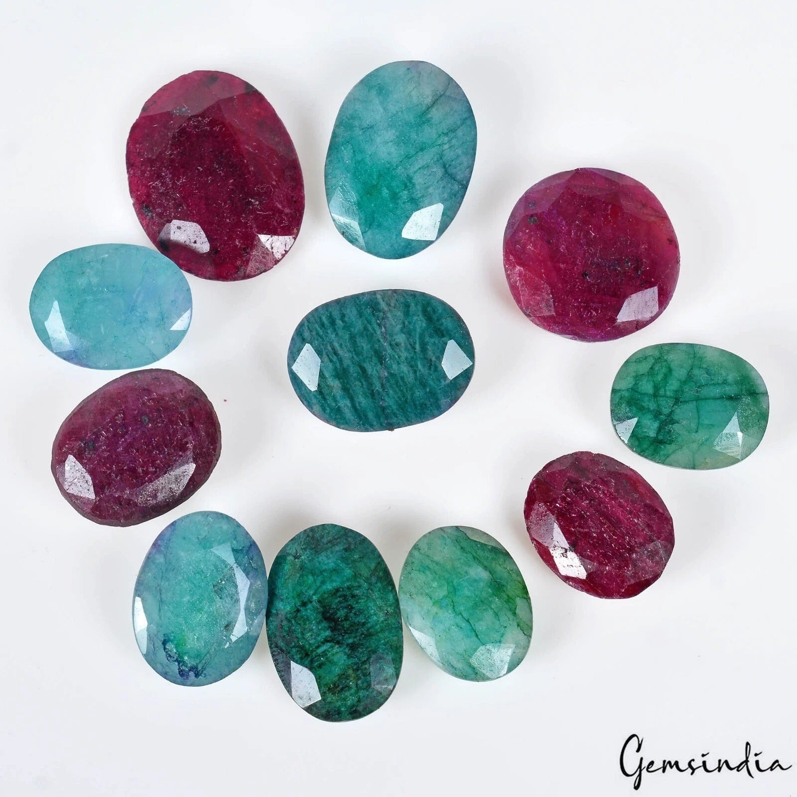 290 Ct/11 Pcs Natural Red Ruby Green Emerald Oval Cut Loose Gems Lot For Jewelry