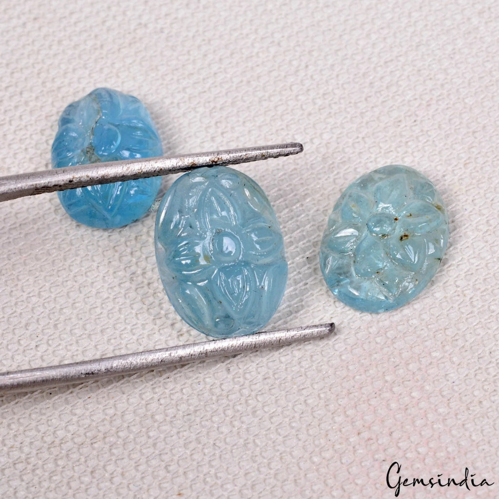 Aquamarine Loose Gemstone, Oval Carved, Untreated — 11x8mm, 8.70 Ct, Brazil