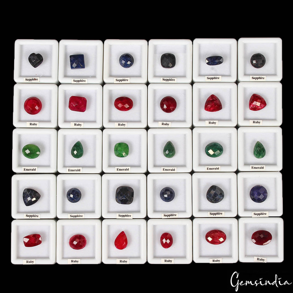 30 Pcs Natural Multi Color Ruby Emerald Sapphire Checker Cut Gems in Wooden Box
