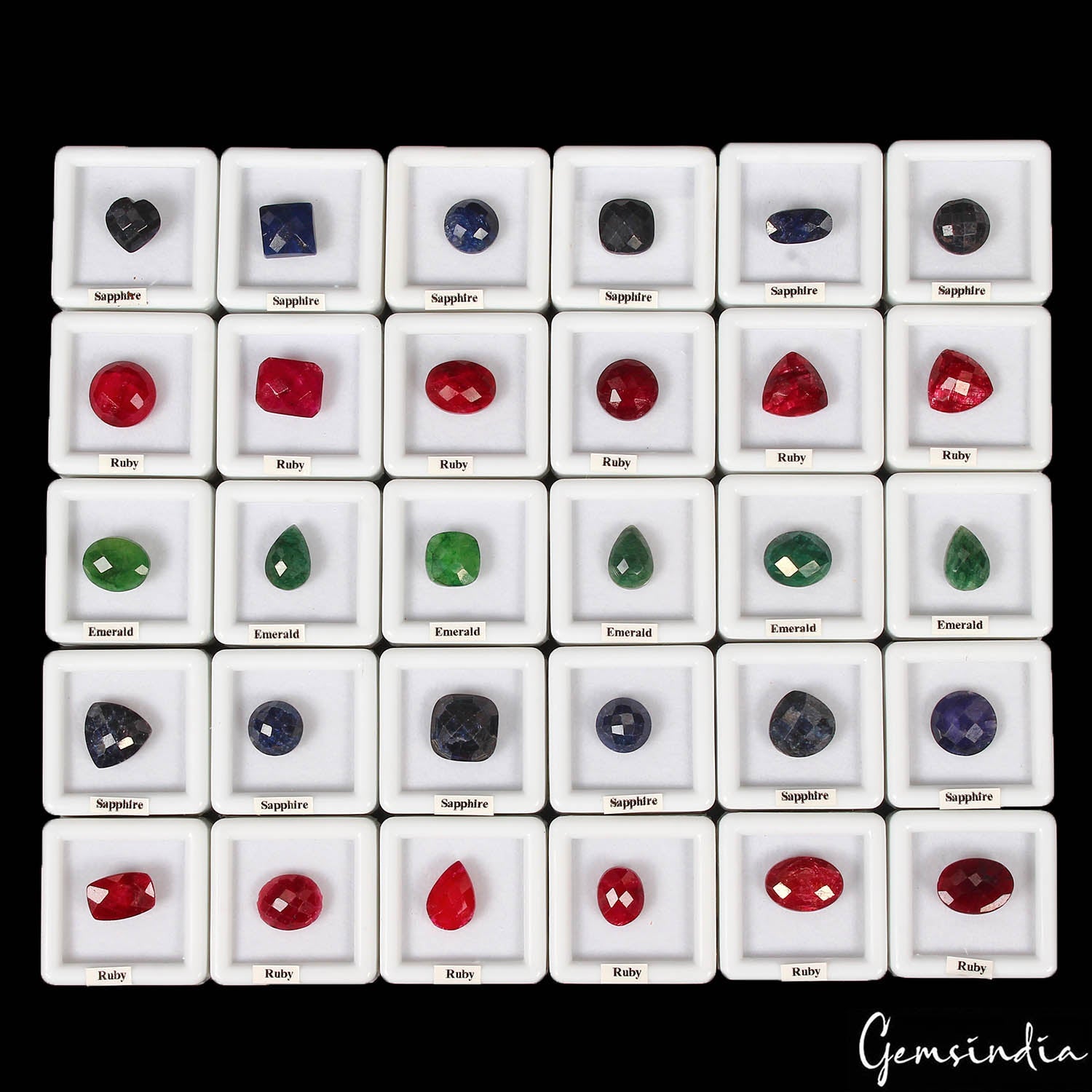 30 Pcs Natural Multi Color Ruby Emerald Sapphire Checker Cut Gems in Wooden Box