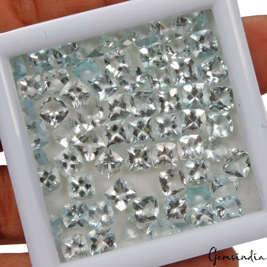 Certified 5mm Cushion Cut Natural Blue Aquamarine Unheated Loose Gemstones~ 64Pc