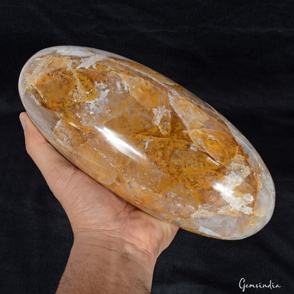 9.3" Golden White Quartz Healing Chakra Charged Metaphysical Oval Lingam 3.5 Kg