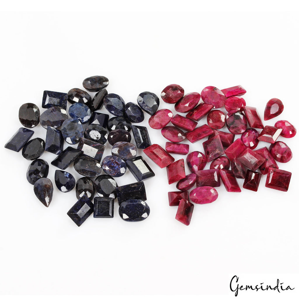 Certified 700 Cts/71 Pcs Natural Red Ruby Blue Sapphire Mix Cut Loose Gems Lot
