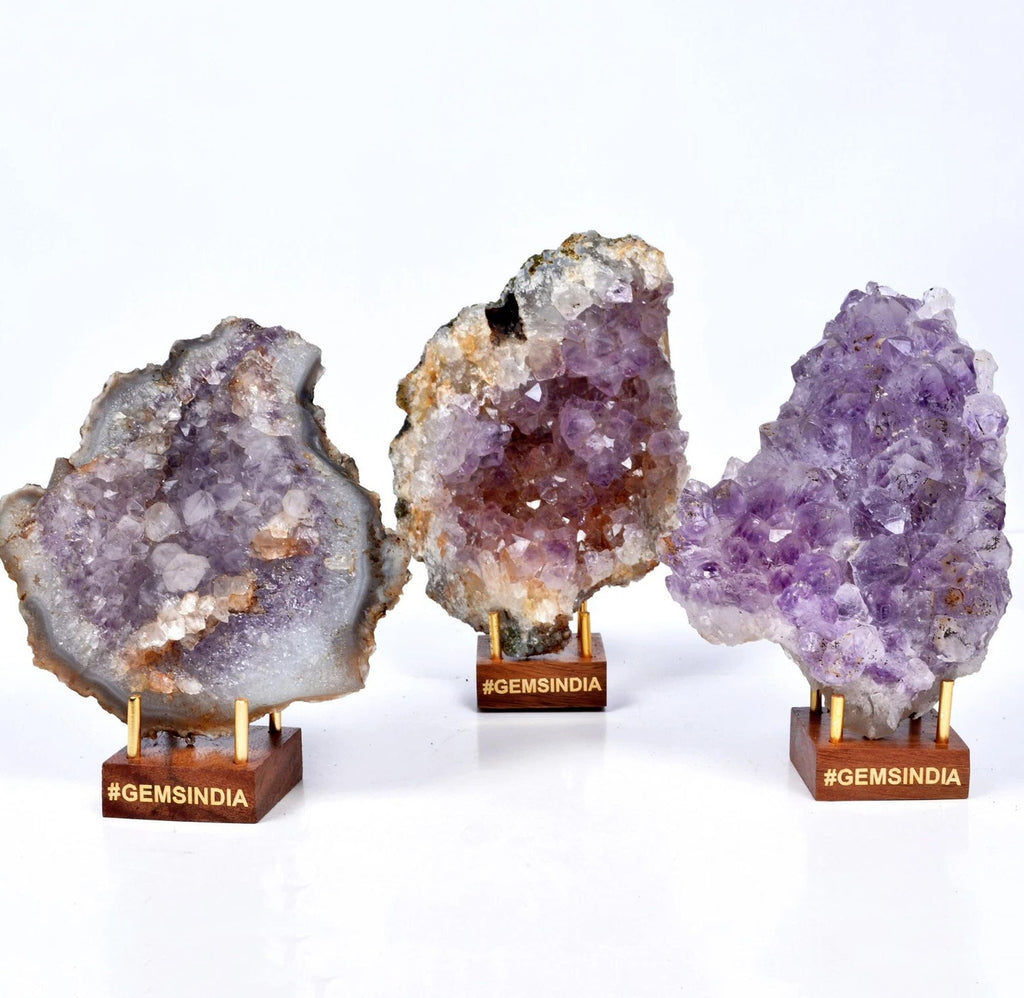 3 Pc/1.4 kg Natural Purple Amethyst Stone Cluster Rough Crystal Specimen w/Stand